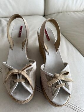Prada Neutral Beige Canvas Wedge Espadrilles
